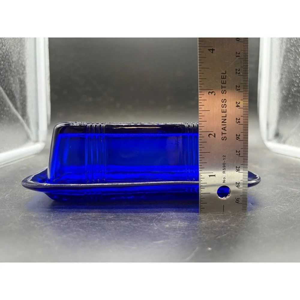 Hazel Atlas Cobalt Blue Glass Butter Dish Moderntone Art Deco Vintage 2 Piece